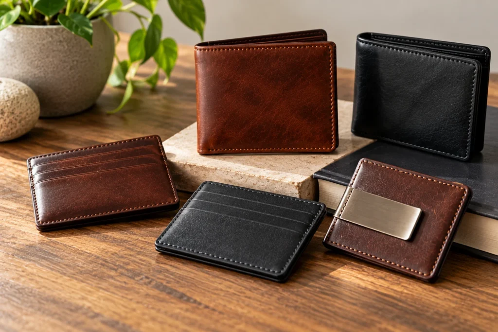 Leather wallets and card holders arranged on a wooden tabletop for product photos