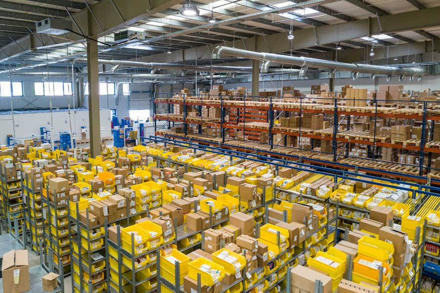 Warehouse shelves stocked with packed boxes ready to ship